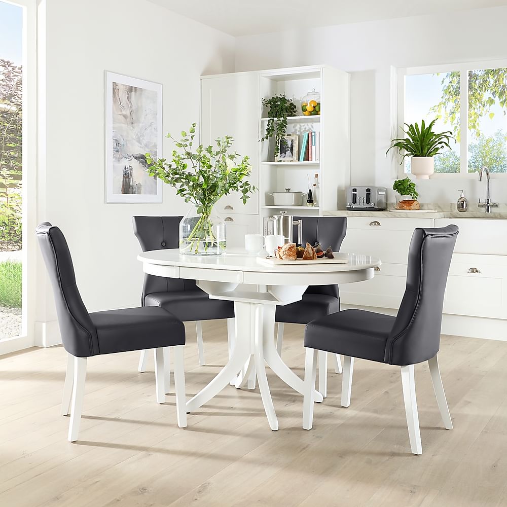 Hudson Round White Extending Dining, Wood Dining Table With White Leather Chairs