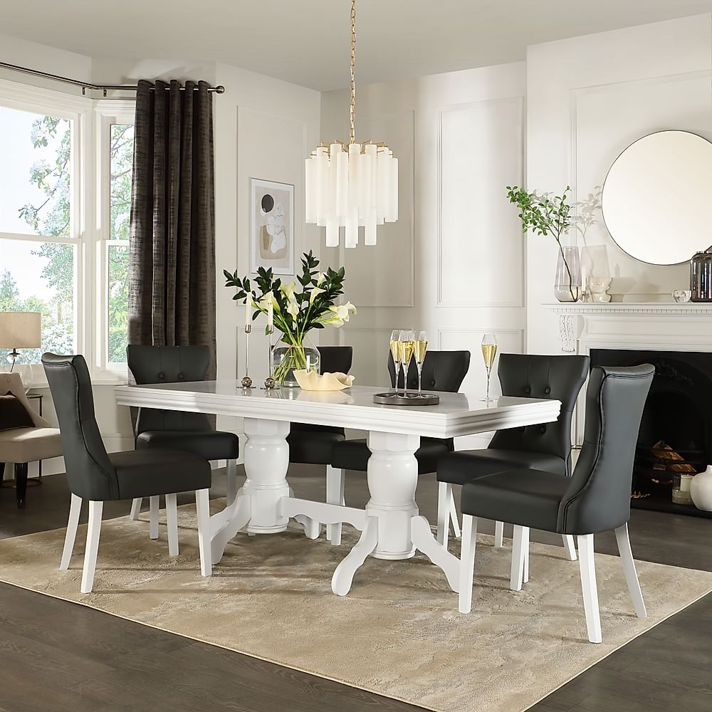 Chatsworth Extending Dining Table & 6 Bewley Chairs, White Wood, Grey Classic Faux Leather, 150-180cm