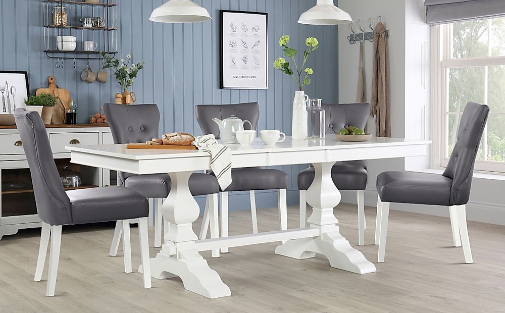 Cavendish Extending Dining Table & 8 Bewley Chairs, White Wood, Grey Classic Faux Leather, 160-200cm