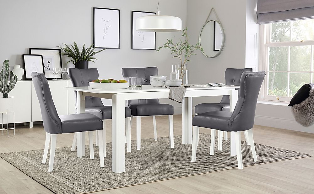 Aspen Extending Dining Table & 4 Bewley Chairs, White Wood, Grey Classic Faux Leather, 150-180cm