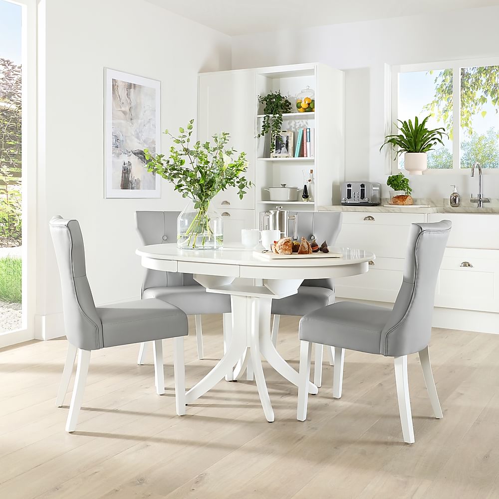 Hudson Round Extending Dining Table & 4 Bewley Chairs, White Wood, Light Grey Classic Faux Leather, 90-120cm