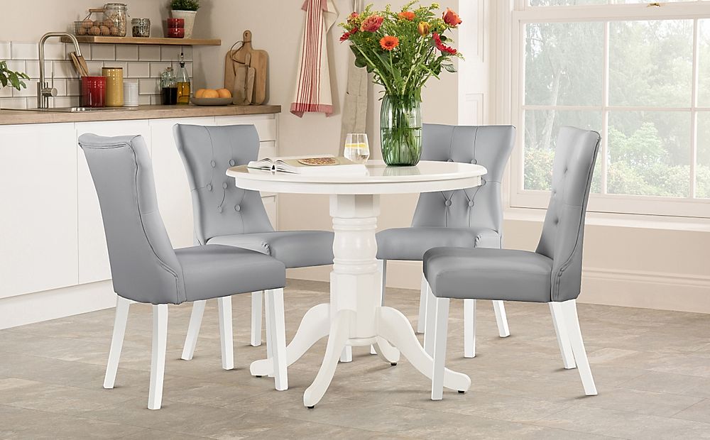 Kingston Round Dining Table & 2 Bewley Chairs, White Wood, Light Grey Classic Faux Leather, 90cm