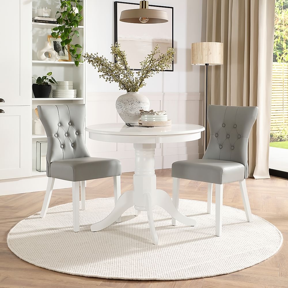 Kingston Round Dining Table & 2 Bewley Chairs, White Wood, Light Grey Classic Faux Leather, 90cm