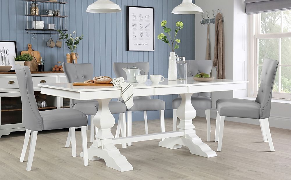 Cavendish Extending Dining Table & 4 Bewley Chairs, White Wood, Light Grey Classic Faux Leather, 160-200cm