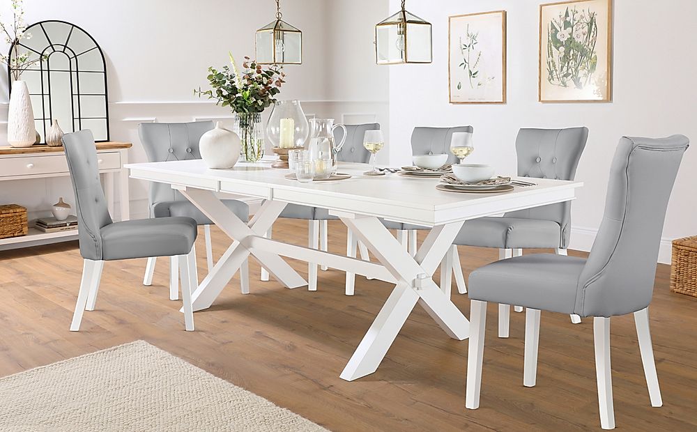 Grange Extending Dining Table & 4 Bewley Chairs, White Wood, Light Grey Classic Faux Leather, 180-220cm