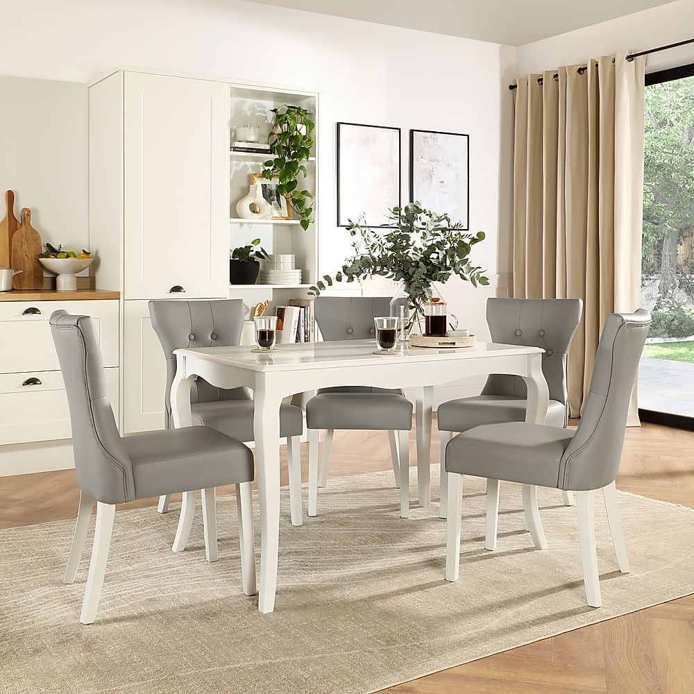 Clarendon Dining Table & 4 Bewley Chairs, White Wood, Light Grey Classic Faux Leather, 120cm