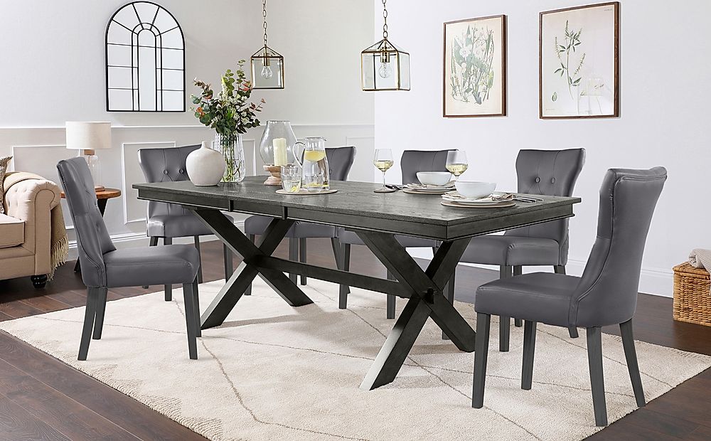 Grange Extending Dining Table & 6 Bewley Chairs, Grey Oak Veneer & Solid Hardwood, Grey Classic Faux Leather & Grey Solid Hardwood, 180-220cm