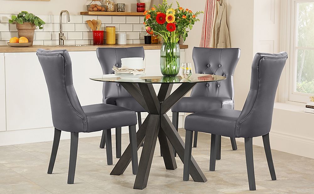 Hatton Round Dining Table & 4 Bewley Chairs, Glass & Grey Solid Hardwood, Grey Classic Faux Leather, 100cm