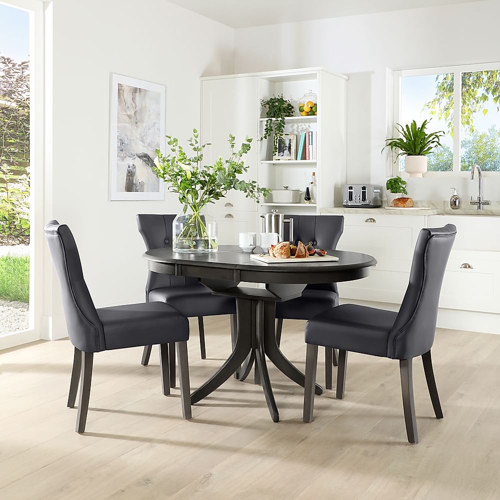 Hudson Round Extending Dining Table & 4 Bewley Chairs, Grey Solid Hardwood, Grey Classic Faux Leather, 90-120cm