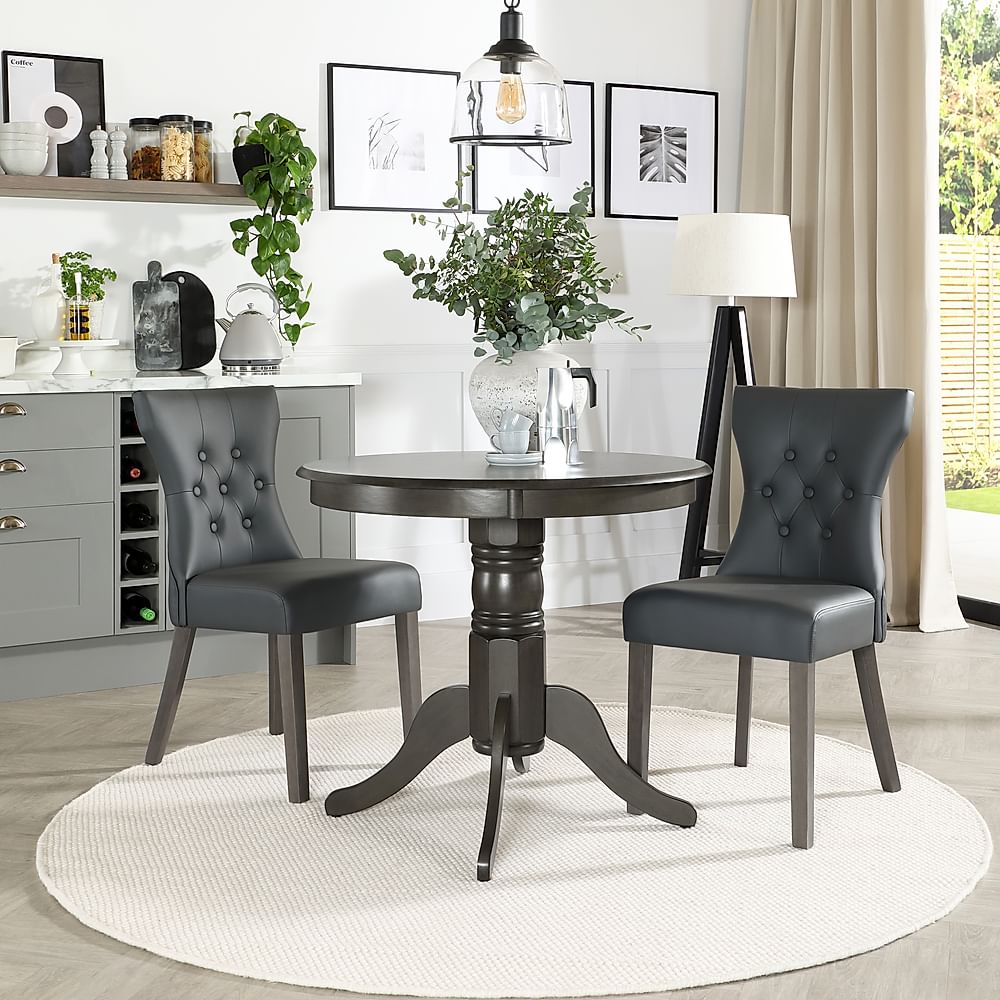 Kingston Round Dining Table & 2 Bewley Chairs, Grey Solid Hardwood, Grey Classic Faux Leather, 90cm