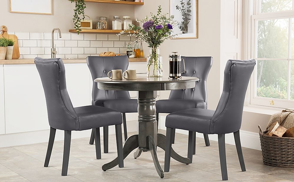 Kingston Round Dining Table & 4 Bewley Chairs, Grey Solid Hardwood, Grey Classic Faux Leather, 90cm