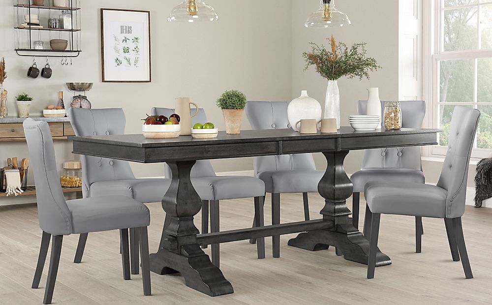 Cavendish Extending Dining Table & 4 Bewley Chairs, Grey Oak Veneer & Solid Hardwood, Light Grey Classic Faux Leather & Grey Solid Hardwood, 160-200cm