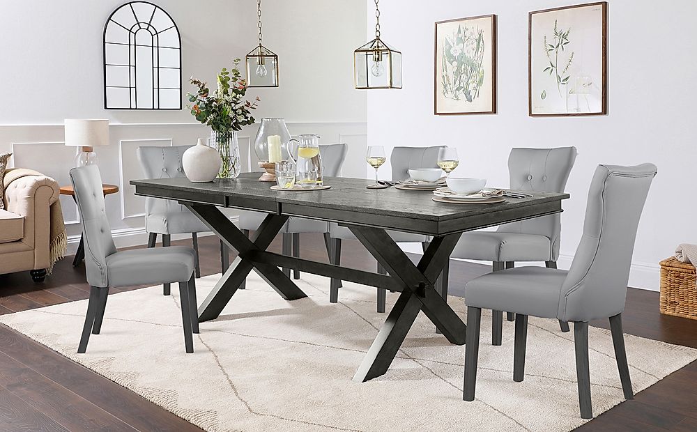 Grange Extending Dining Table & 6 Bewley Chairs, Grey Oak Veneer & Solid Hardwood, Light Grey Classic Faux Leather & Grey Solid Hardwood, 180-220cm