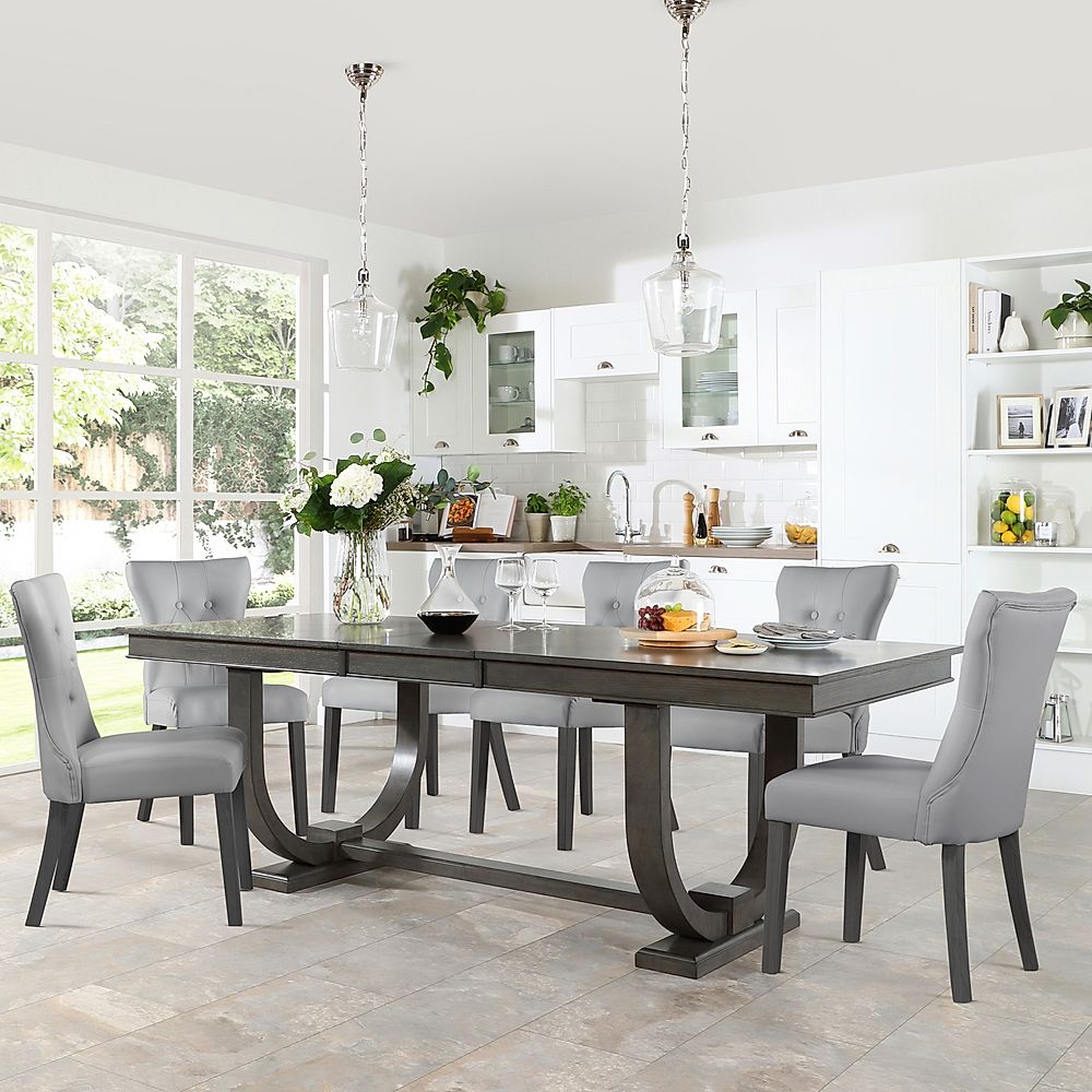 Pavilion Extending Dining Table & 4 Bewley Chairs, Grey Oak Veneer & Solid Hardwood, Light Grey Classic Faux Leather & Grey Solid Hardwood, 180-225cm