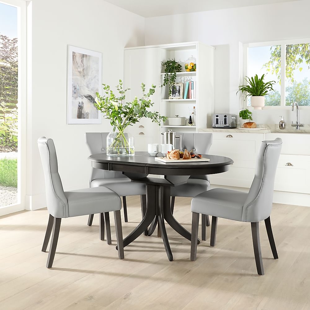 Hudson Round Extending Dining Table & 4 Bewley Chairs, Grey Solid Hardwood, Light Grey Classic Faux Leather, 90-120cm