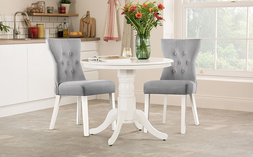 Kingston Round Dining Table & 2 Bewley Chairs, White Wood, Grey Classic Velvet, 90cm