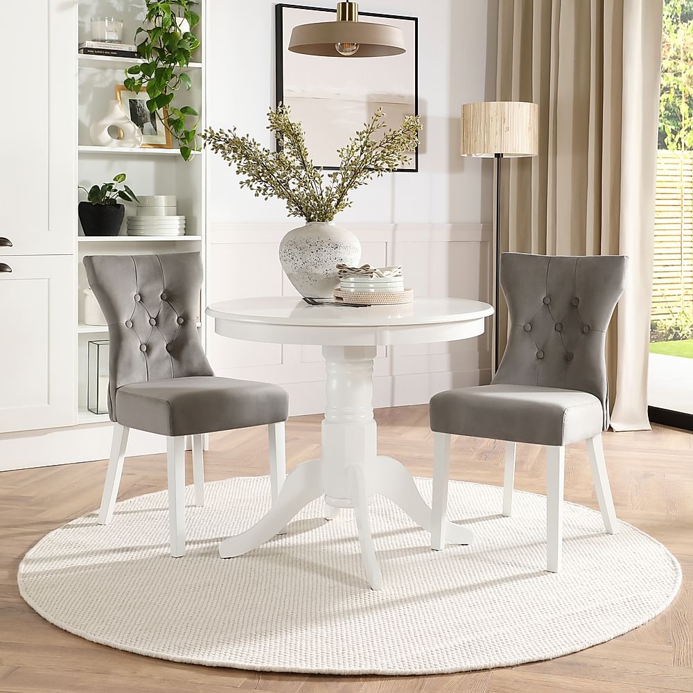 Kingston Round Dining Table & 2 Bewley Chairs, White Wood, Grey Classic Velvet, 90cm