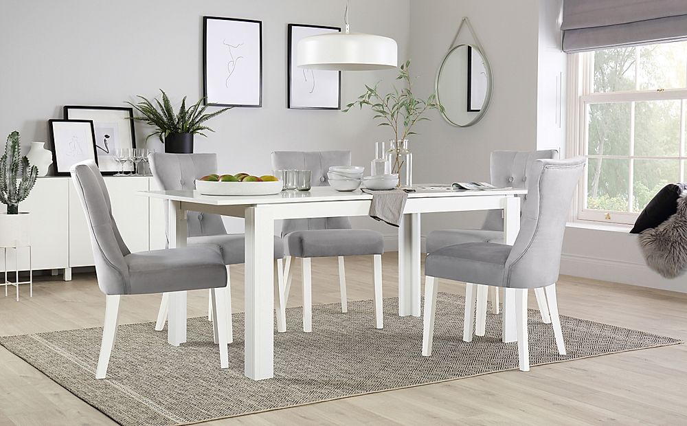 Aspen Extending Dining Table & 4 Bewley Chairs, White Wood, Grey Classic Velvet, 150-180cm