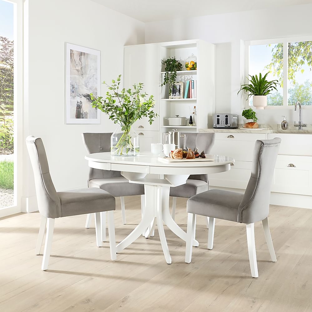Hudson Round Extending Dining Table & 4 Bewley Chairs, White Wood, Grey Classic Velvet, 90-120cm