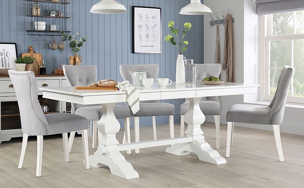 Cavendish Extending Dining Table & 4 Bewley Chairs, White Wood, Grey Classic Velvet, 160-200cm