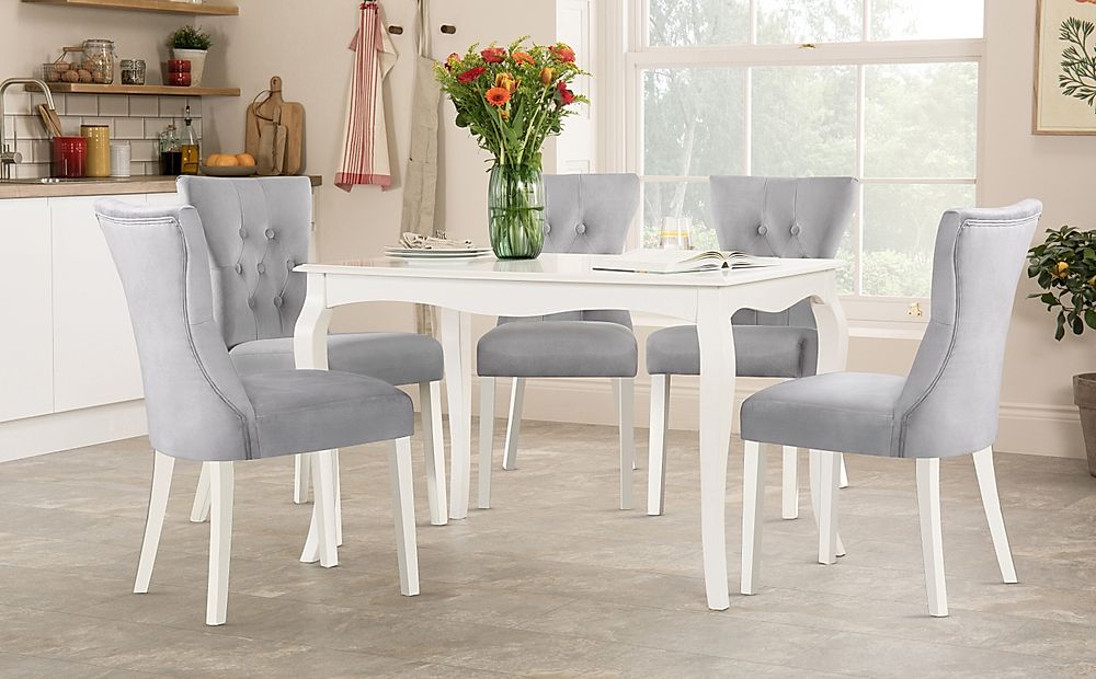Clarendon Dining Table & 4 Bewley Chairs, White Wood, Grey Classic Velvet, 120cm