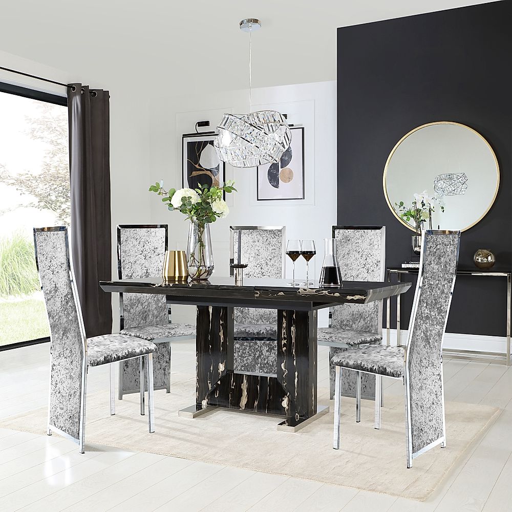 Florence Extending Dining Table & 4 Celeste Chairs, Black Marble Effect, Silver Crushed Velvet & Chrome, 120-160cm