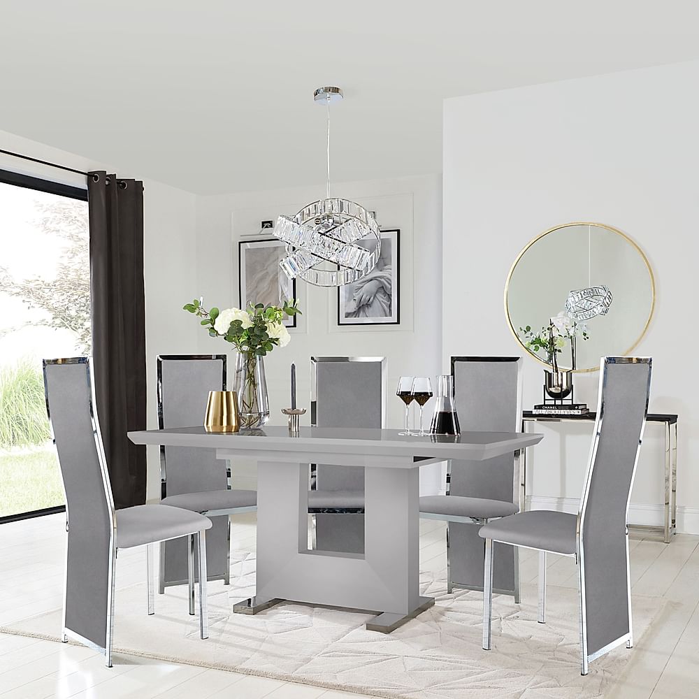 Florence Extending Dining Table & 4 Celeste Chairs, Grey High Gloss, Grey Classic Velvet & Chrome, 120-160cm