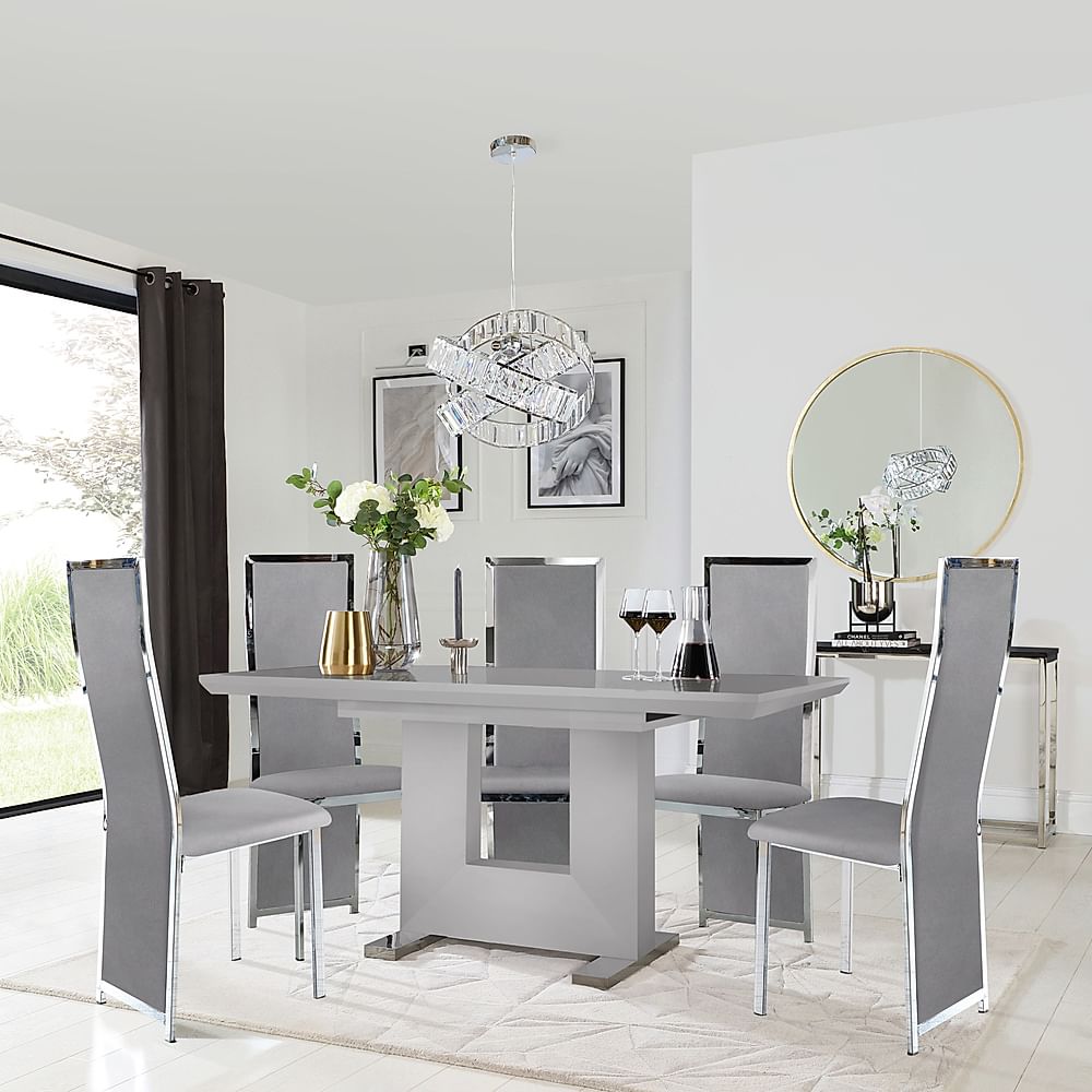 Florence Extending Dining Table & 6 Celeste Chairs, Grey High Gloss, Grey Classic Velvet & Chrome, 120-160cm