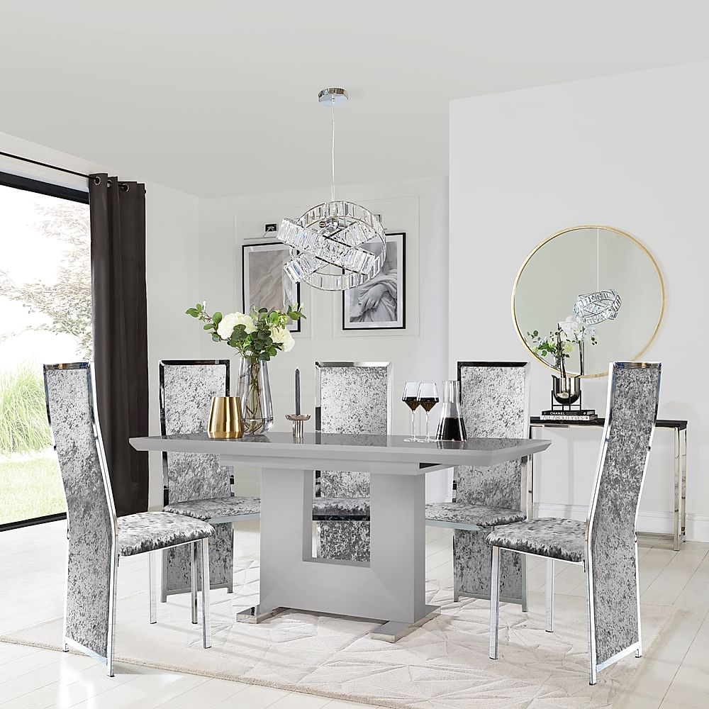 Florence Extending Dining Table & 6 Celeste Chairs, Grey High Gloss, Silver Crushed Velvet & Chrome, 120-160cm
