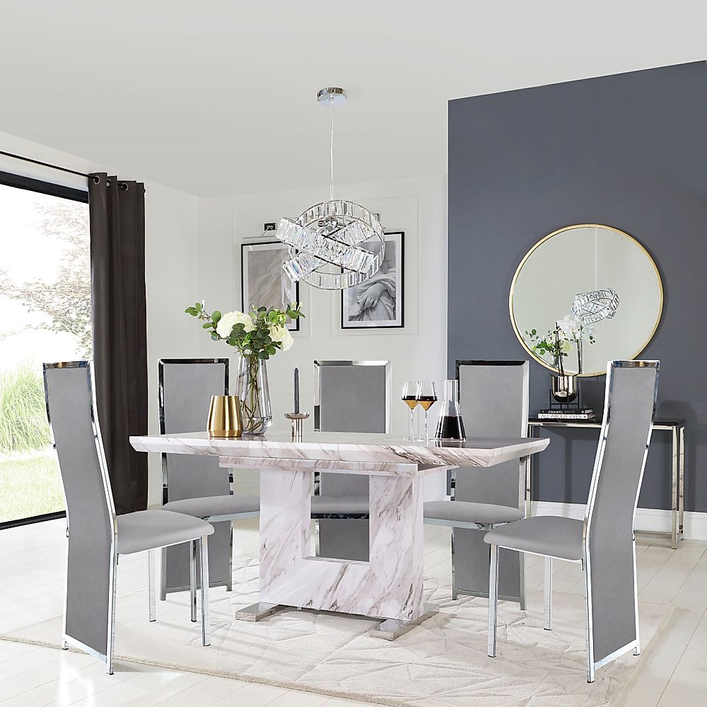 Florence Extending Dining Table & 6 Celeste Chairs, Grey Marble Effect, Grey Classic Velvet & Chrome, 120-160cm