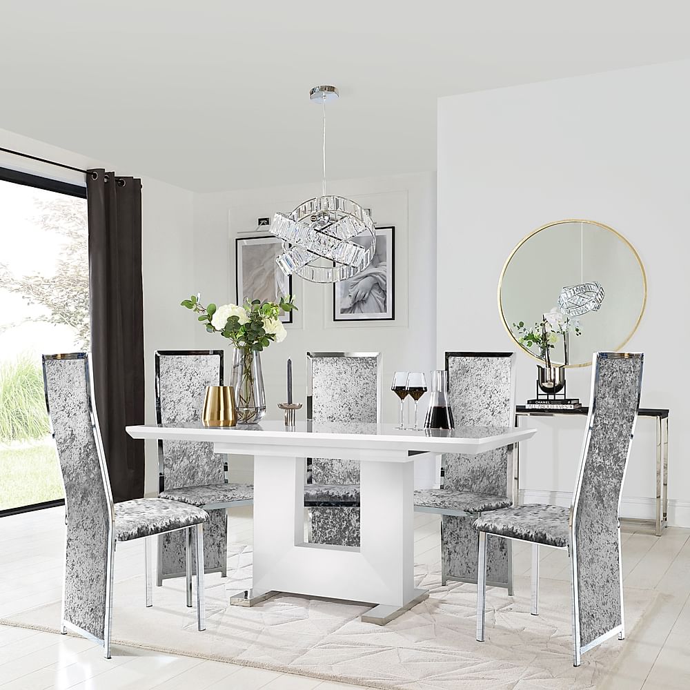Florence Extending Dining Table & 4 Celeste Chairs, White High Gloss, Silver Crushed Velvet & Chrome, 120-160cm