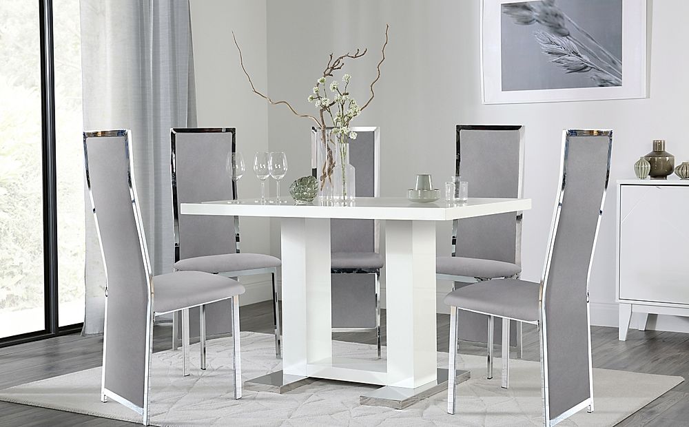 Joule Dining Table & 4 Celeste Chairs, White High Gloss, Grey Classic Velvet & Chrome, 120cm