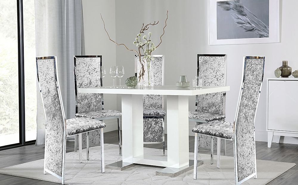 Joule Dining Table & 6 Celeste Chairs, White High Gloss, Silver Crushed Velvet & Chrome, 120cm