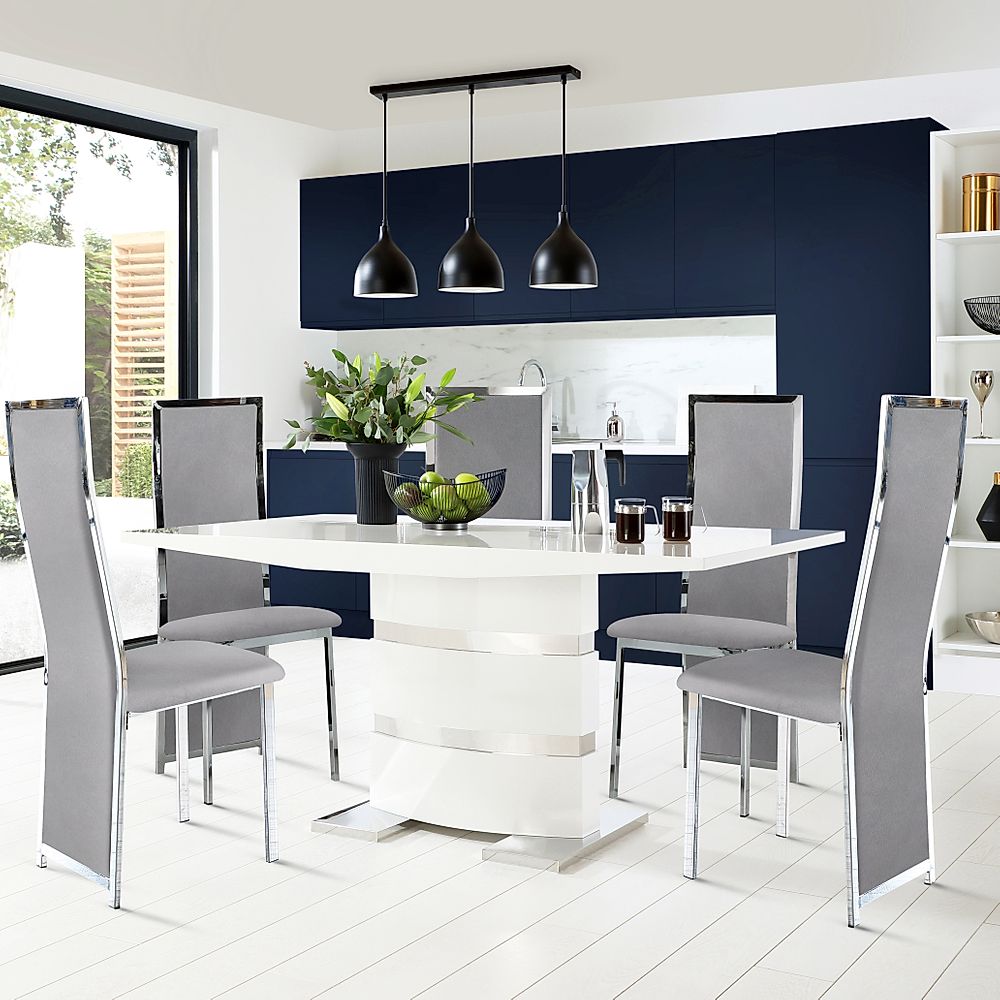 Komoro Dining Table & 6 Celeste Chairs, White High Gloss & Chrome, Grey Classic Velvet, 160cm