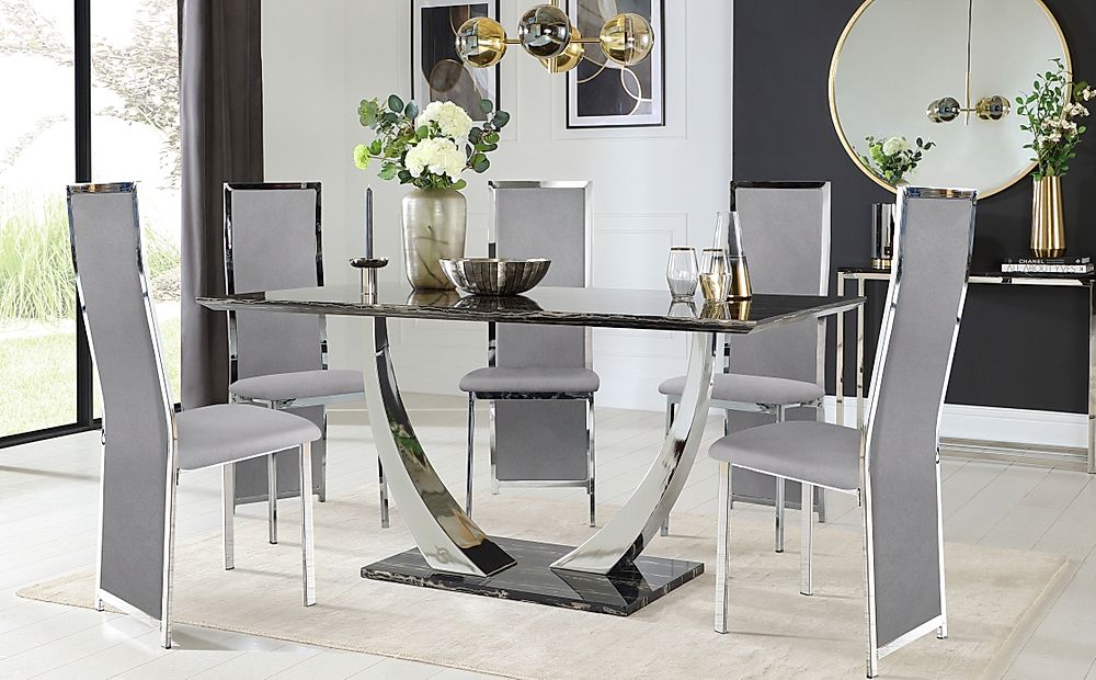 Peake Dining Table & 4 Celeste Chairs, Black Marble Effect & Chrome, Grey Classic Velvet, 160cm