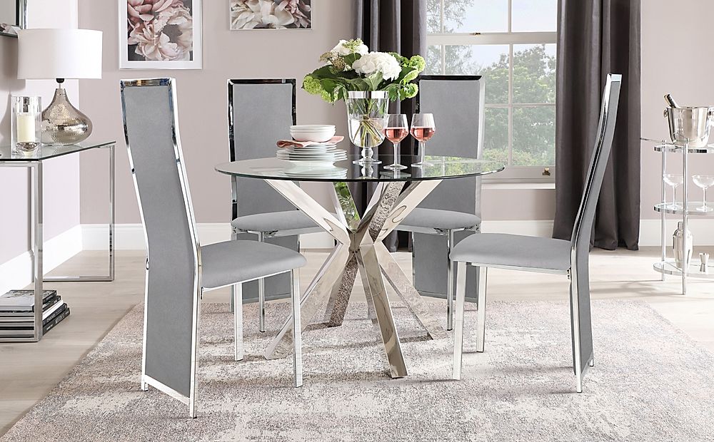 Plaza Round Dining Table & 4 Celeste Chairs, Glass & Chrome, Grey Classic Velvet, 110cm