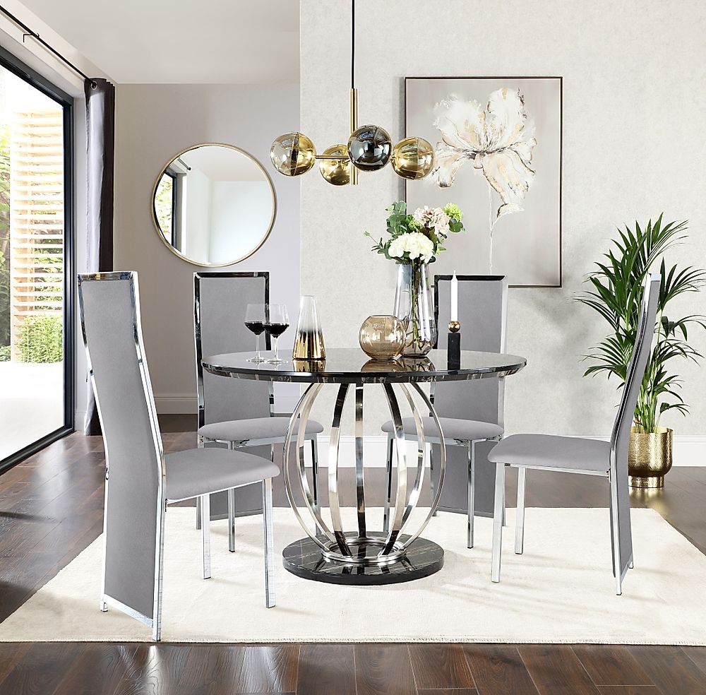 Savoy Round Dining Table & 4 Celeste Chairs, Black Marble Effect & Chrome, Grey Classic Velvet, 120cm