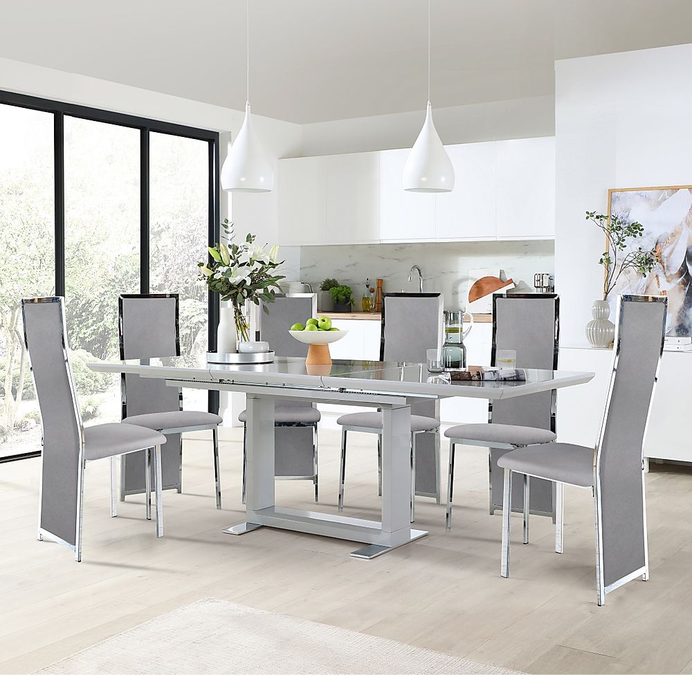 Tokyo Extending Dining Table & 8 Celeste Chairs, Grey High Gloss, Grey Classic Velvet & Chrome, 160-220cm