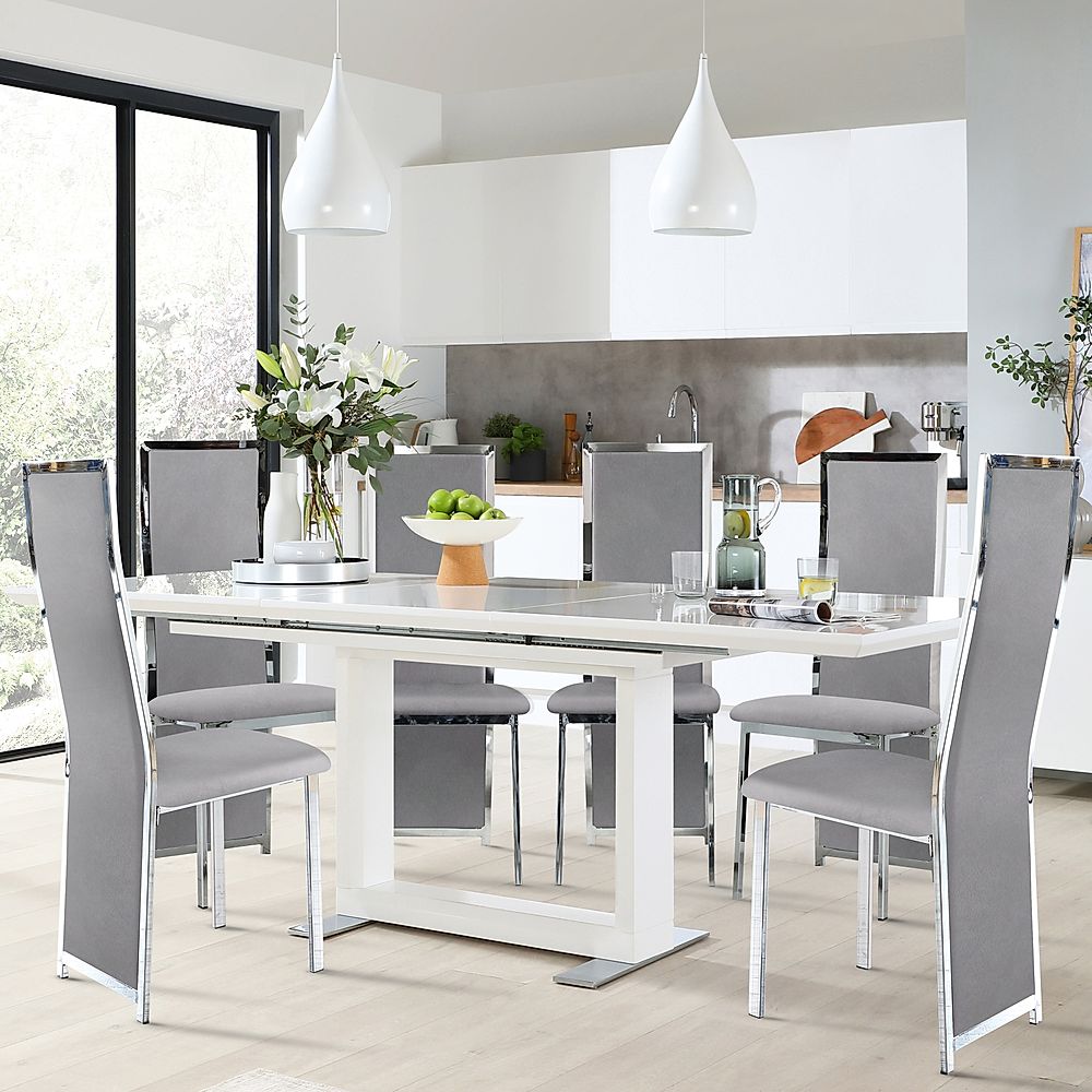 Tokyo Extending Dining Table & 4 Celeste Chairs, White High Gloss, Grey Classic Velvet & Chrome, 160-220cm