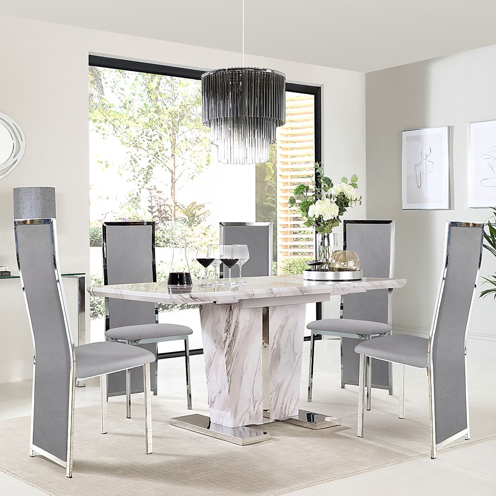 Vienna Extending Dining Table & 6 Celeste Chairs, Grey Marble Effect, Grey Classic Velvet & Chrome, 120-160cm