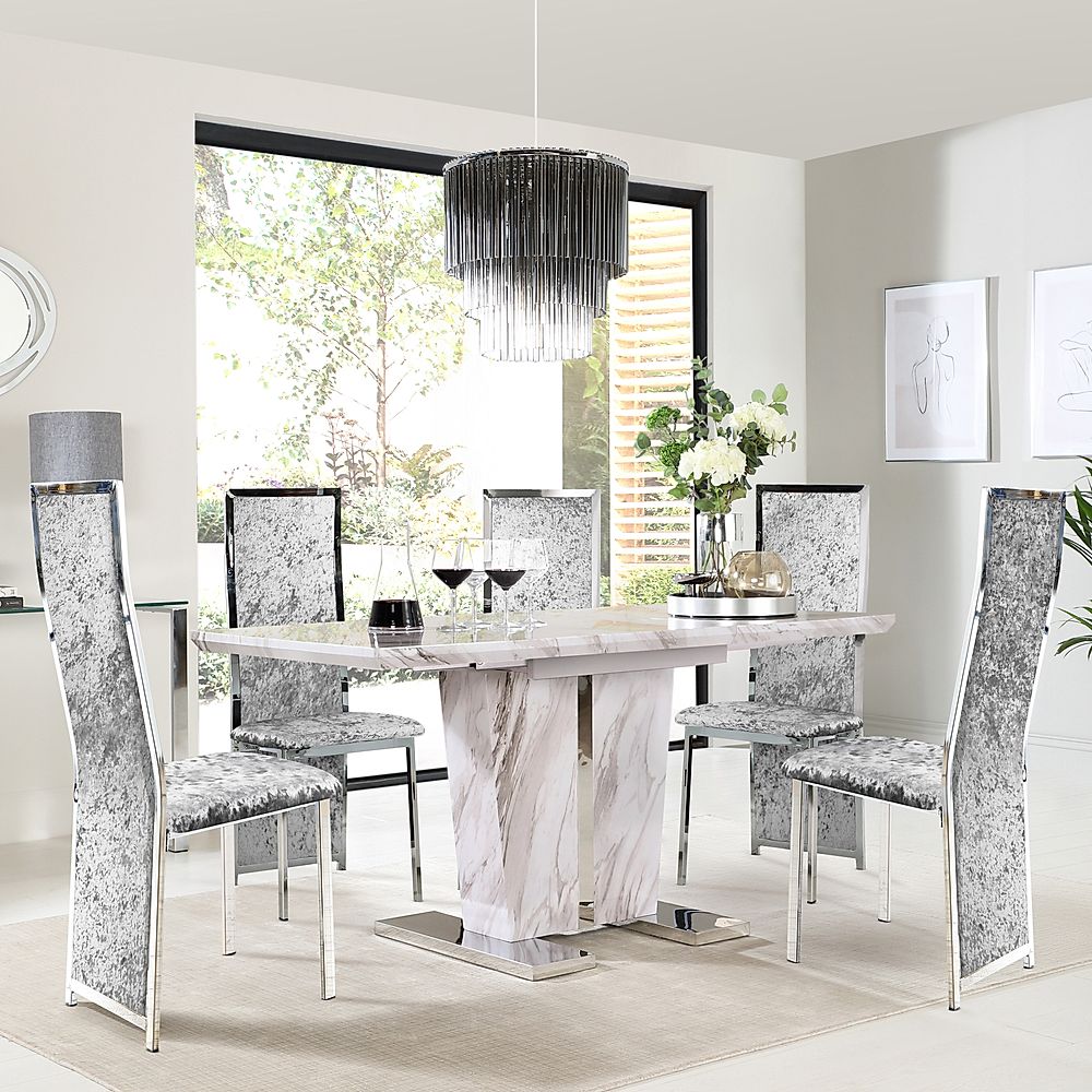 Vienna Extending Dining Table & 4 Celeste Chairs, Grey Marble Effect, Silver Crushed Velvet & Chrome, 120-160cm