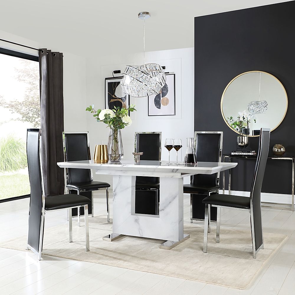 Florence Extending Dining Table & 6 Celeste Chairs, White Marble Effect, Black Classic Faux Leather & Chrome, 120-160cm