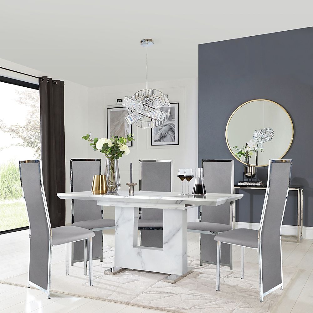 Florence Extending Dining Table & 6 Celeste Chairs, White Marble Effect, Grey Classic Velvet & Chrome, 120-160cm
