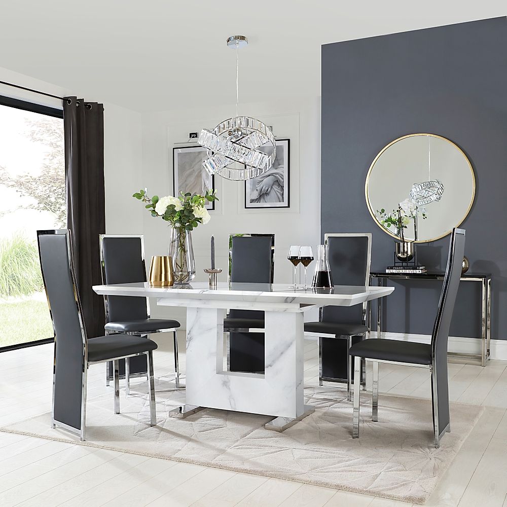 Florence Extending Dining Table & 4 Celeste Chairs, White Marble Effect, Grey Classic Faux Leather & Chrome, 120-160cm