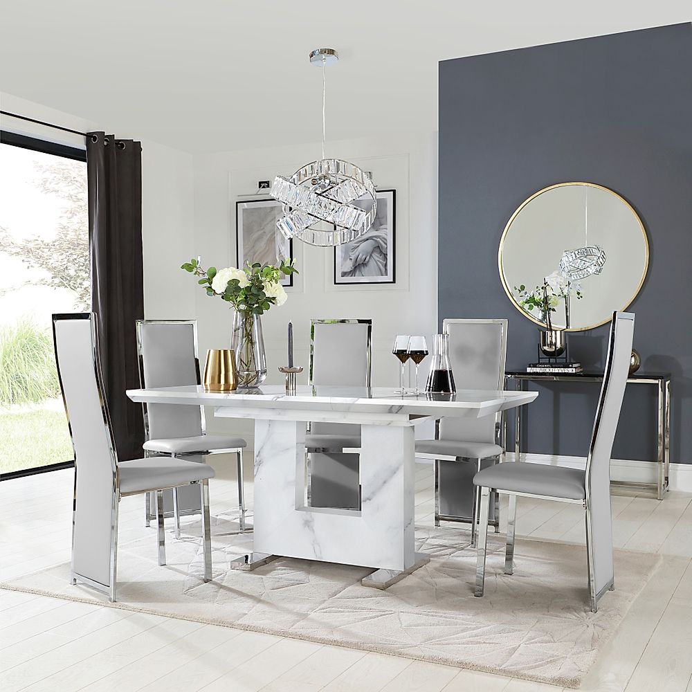 Florence Extending Dining Table & 4 Celeste Chairs, White Marble Effect, Light Grey Classic Faux Leather & Chrome, 120-160cm
