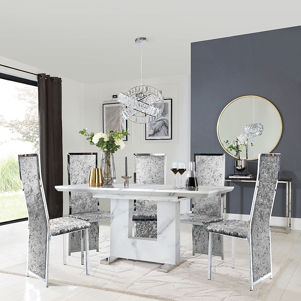 Florence Extending Dining Table & 4 Celeste Chairs, White Marble Effect, Silver Crushed Velvet & Chrome, 120-160cm