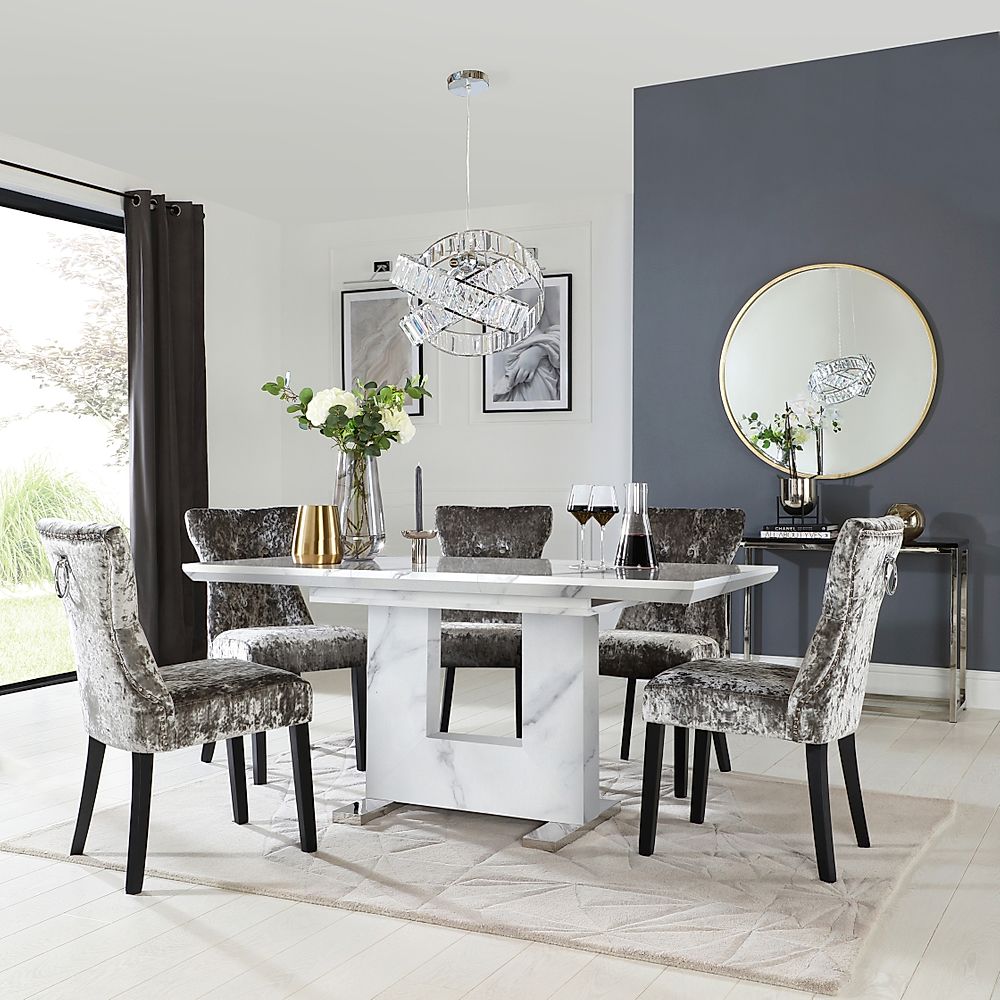 Florence Extending Dining Table & 4 Kensington Chairs, White Marble Effect, Silver Crushed Velvet & Black Solid Hardwood, 120-160cm