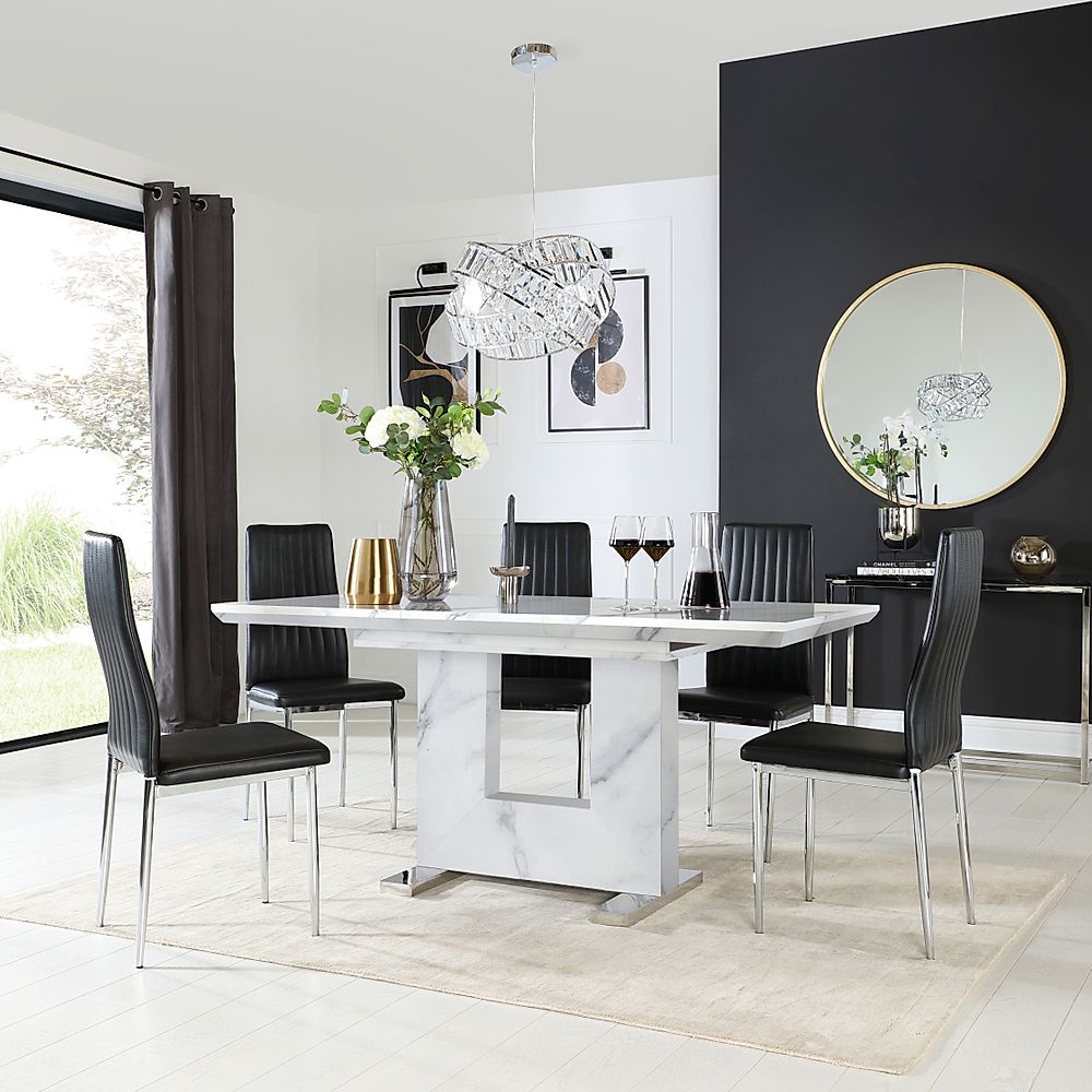 Florence Extending Dining Table & 4 Leon Chairs, White Marble Effect, Black Classic Faux Leather & Chrome, 120-160cm