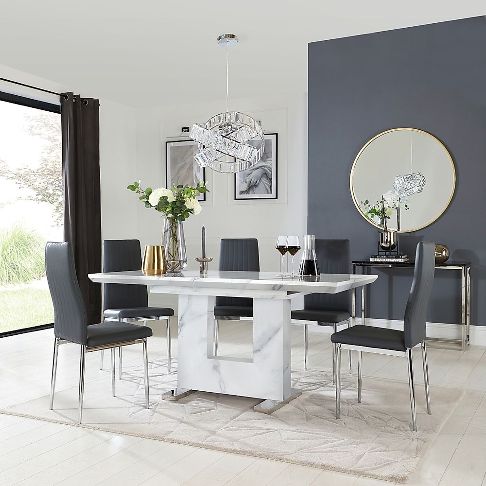 Florence Extending Dining Table & 6 Leon Chairs, White Marble Effect, Grey Classic Faux Leather & Chrome, 120-160cm