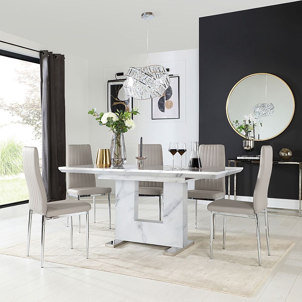 Florence Extending Dining Table & 4 Leon Chairs, White Marble Effect, Stone Grey Classic Faux Leather & Chrome, 120-160cm